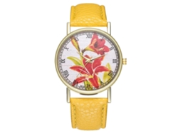 Reloj De Pulsera De Moda Para Mujer Con Correa De Pu, Estampado Floral, Esfera Redonda Y Movimiento De Cuarzo Amarillo.