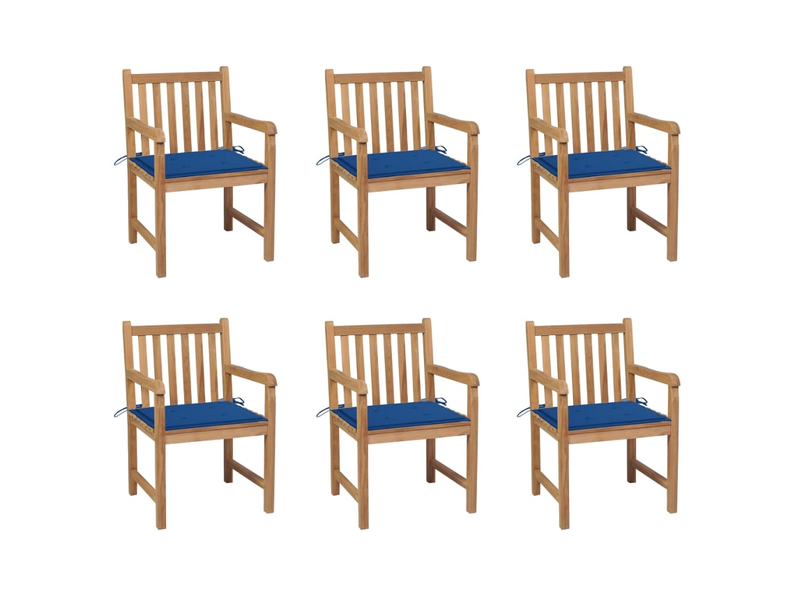Sillas de jardín DKD Home Decor de 6 piezas con cojines azul real, teca maciza