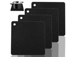 KOFIHETY AVANA - Set 4 Bases Antiderrapantes Alta Resistencia Térmica Fácil Limpieza 2 Redondas 2 Cuadradas Diseño Hexagonal - Negro