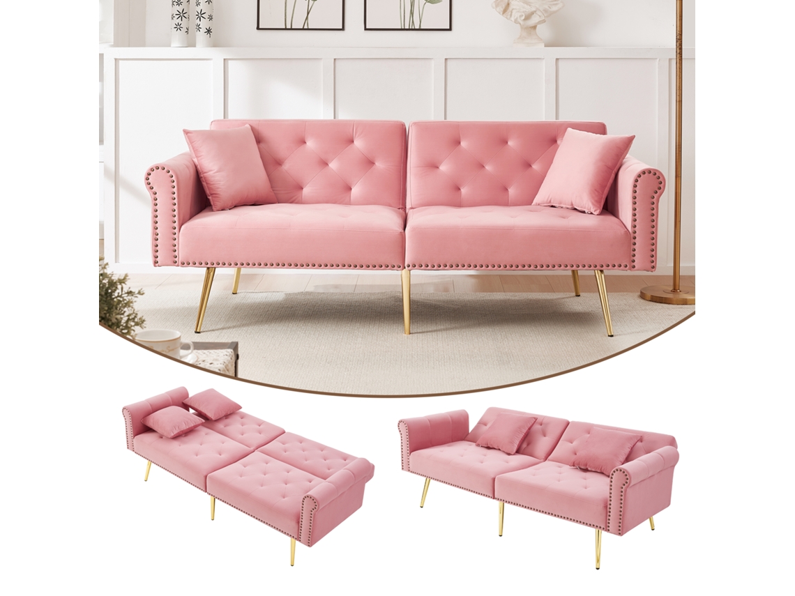 Sofá-cama 2 Lugares Veludo Encosto Ajustável 3 Posições Pés Metal Dourado Compacto Elegante