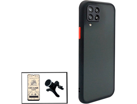 Kit Funda Antichoque, Cristal Templado CeramicGlass Full Cover y Soporte Magnético Reforzado de Coche Samsung Galaxy A12 PHONECARE Negro