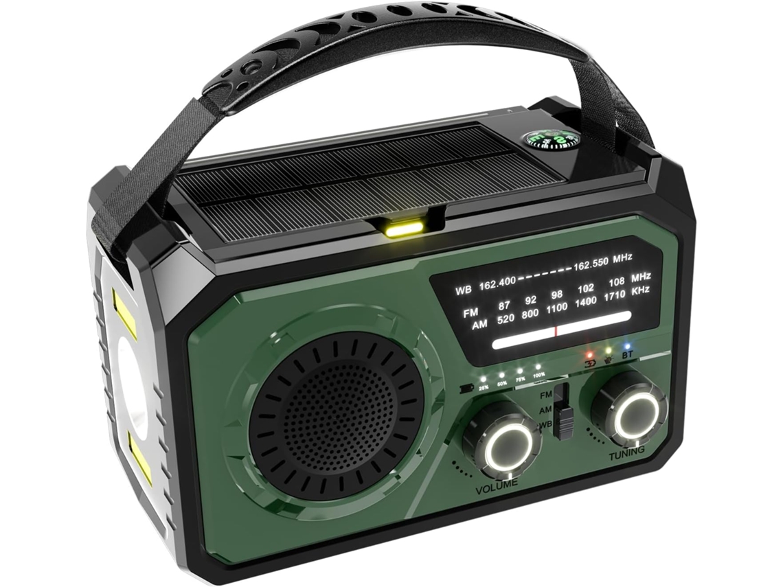 Radio solar portátil Zruxe H21 NOAA/FM/AM, SOS, brújula, Bluetooth 5.3, linterna (verde oscuro, 16000 mAh)
