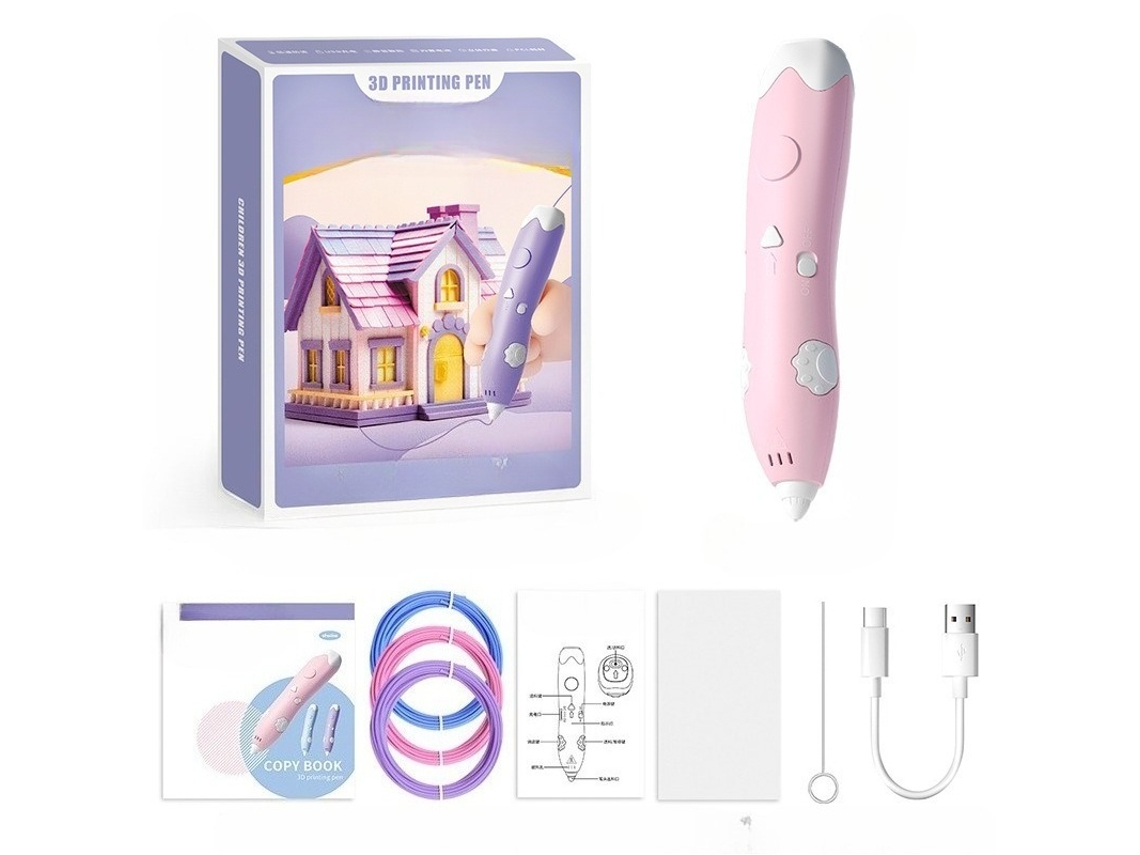 Caneta de Impressão 3d para Criança, Recarregável Via Usb, Pacote de 3 Rolos de Filamento Pla Rosa PANOONA