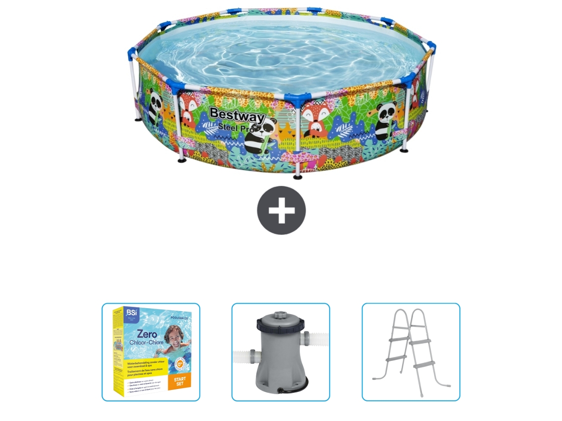 Piscina BESTWAY Round Steel Pro - 274 x 66 cm - Animal print - Incluida Paquete de mantenimiento - Bomba - Escalera