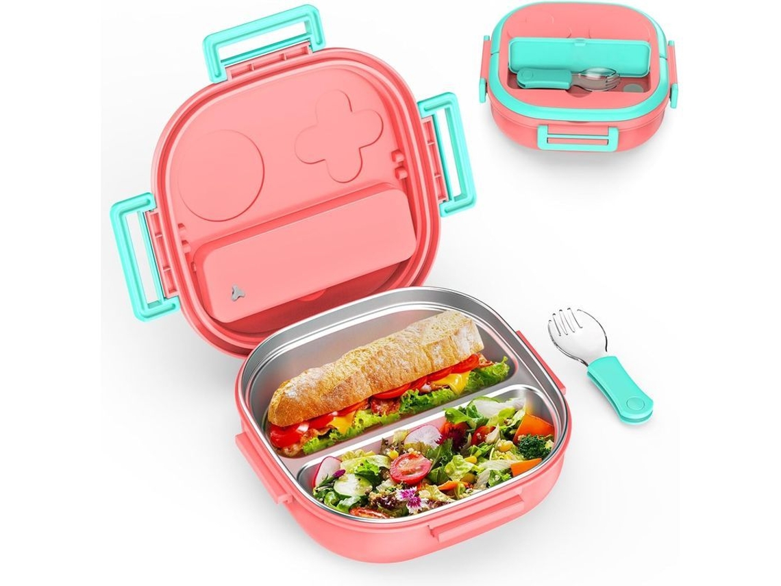 Fiambrera Bento De Acero Inoxidable Para Niños, Juego Completo De Almuerzo Con Cubiertos Portátiles, 2 Compartimentos, Rosa.