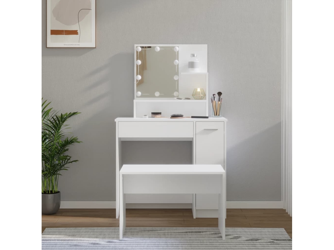 Juego De Tocador | Mesa De Vestidor Con Led Madera Contrachapada Blanco