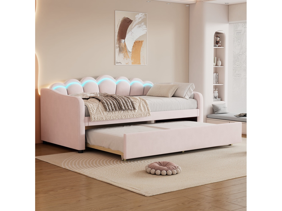 Sofá Cama Rosa De 90x200 Cm, Cama Auxiliar Con Led Multicolor