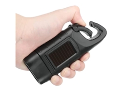 Linterna recargable con manivela y LED solar portátil con mosquetón para camping y emergencias. Color negro. Clase A++.
