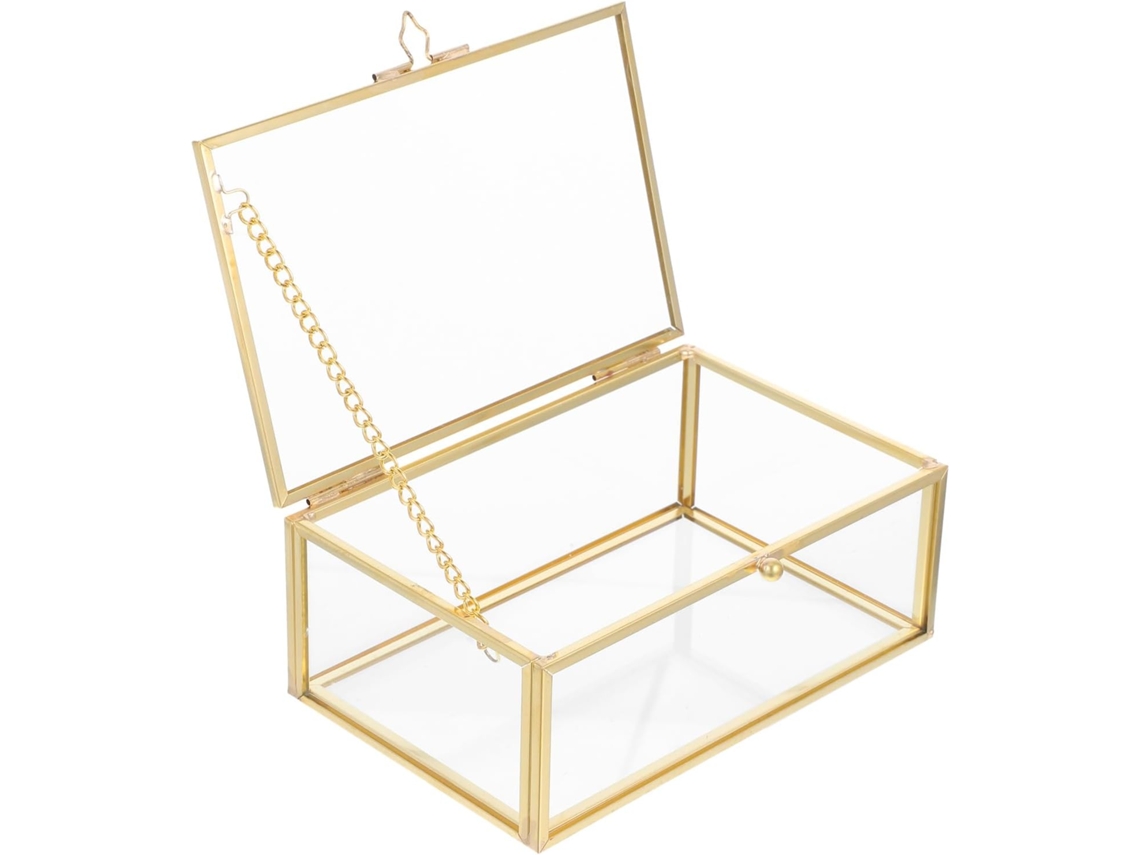 Caja De Joyería Rectangular De Cristal Transparente Con Marco Dorado, Organizador A Prueba De Polvo, 15 X 10 X 5
