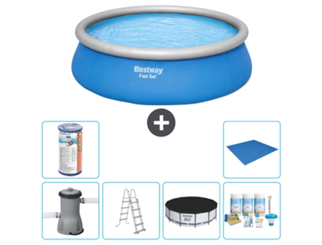 Piscina Hinchable Redonda Fast Set BESTWAY - 457 x 122 cm - Azul - Incluida Bomba - Escalera Cubrir - Paquete de mantenimiento - Filtrar - Suelo