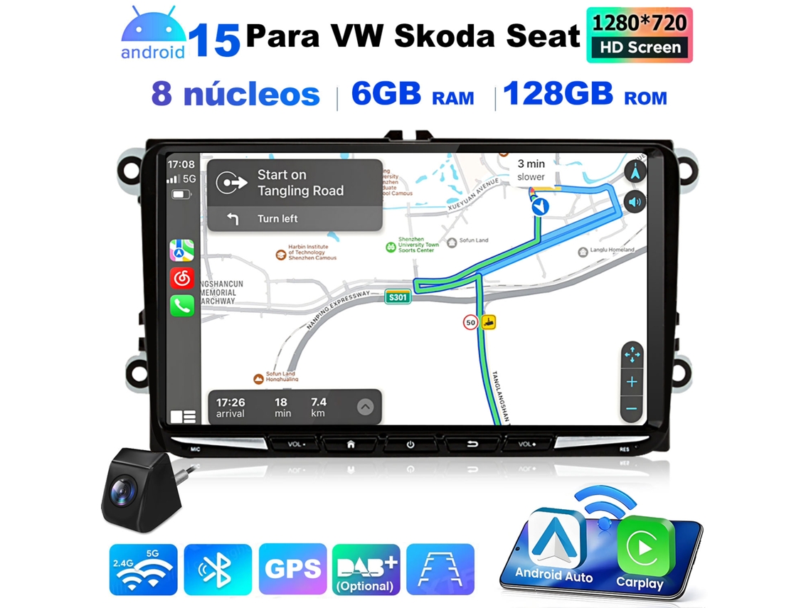 Autorradio JUNSUN de 9 pulgadas, 6 GB + 128 GB, Android Auto, 4G inalámbrico + WiFi, GPS, Bluetooth, cámara trasera incluida para VW Skoda Seat