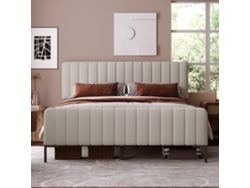 Cama Tapizado 140x200 Cm Con Colchón, Somier De Látex Y Cabecero Ajustable, Estructura De Lino, Gris+beige