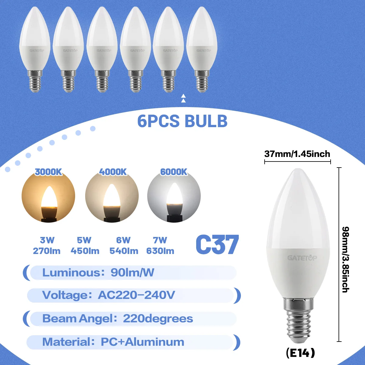 (6 Bombillas, Luz Natural De 4000k) Mini Bombillas Led E14 C37, Adecuadas Para La Iluminación De Dormitorios, Cocinas, Hoteles Y Vestíbulos.