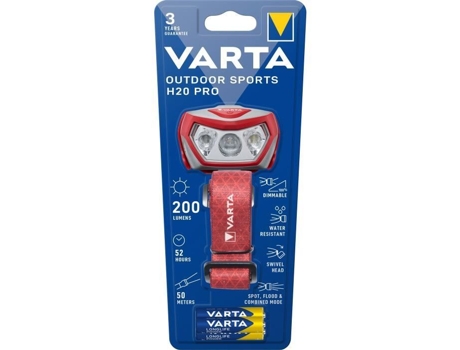 Frontal-VARTA-Outdoor Sports H20 Pro-200Lm-Dimmable-Ipx4-Led Vermelho-3 Modos de Luz-Luz Branca e Vermelha-3 Pilhas Aaa Incluídas