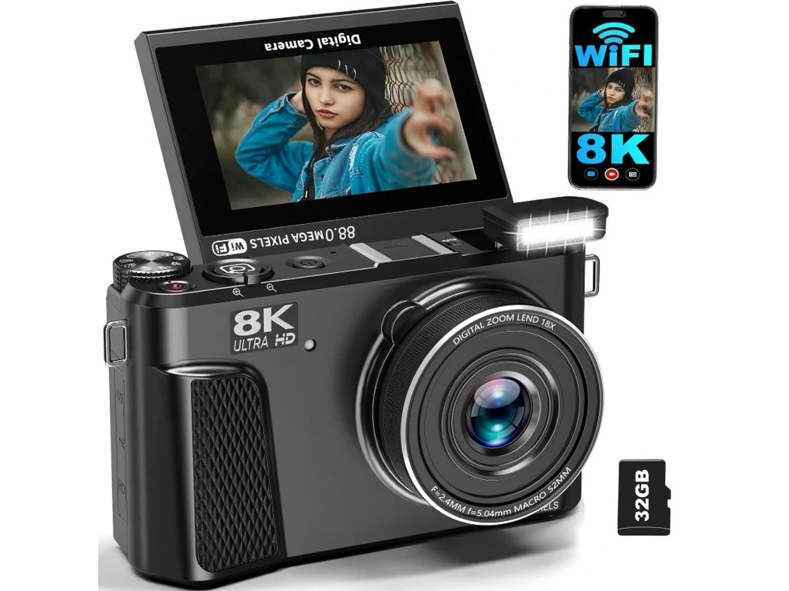 Cámara digital 8K para fotografía, cámara de vlogs wifi de 88 MP para YouTube con zoom digital de 18x Bestvite (negra)