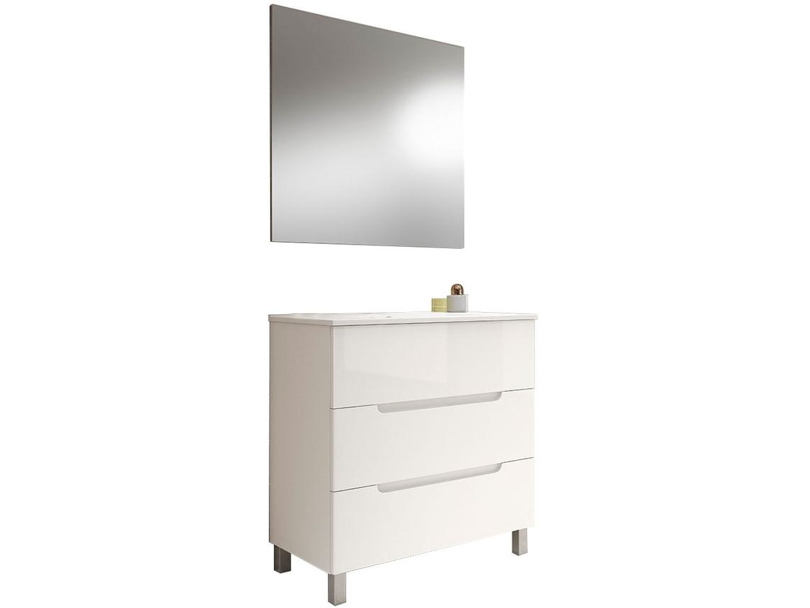 Mueble de baño con Lavabo, Espejo y Aplique LED VICTORIA 80x45 cm acabado Blanco mate 3 cajones con patas