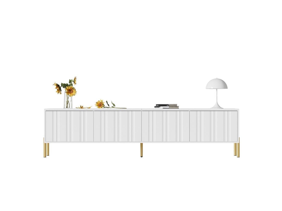 Mueble Tv 190x38x48 Cm - Puertas Ranuradas, Patas Doradas - Blanco