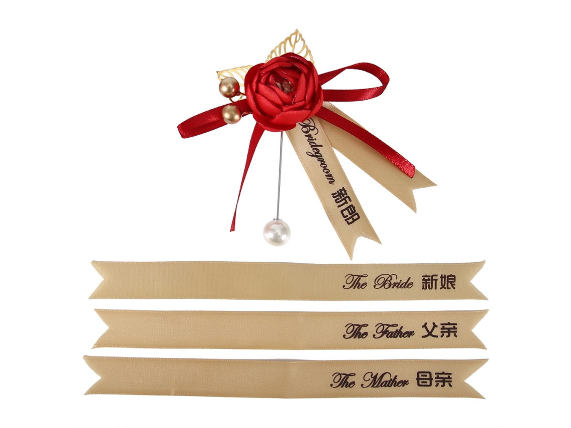 Ramillete de boda de rosas artificiales, pulsera para damas de honor, accesorios con cinta y nombre, 4 piezas, rojo