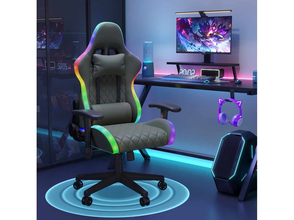 Silla gamer con luces LED RGB de 12 colores, ergonómica, para oficina, con superficie de PU, para niños y adultos, color negro Rosahqnda