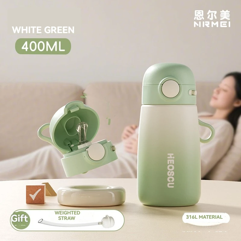 Botella térmica de acero inoxidable de doble pared (verde, 400 ml), saludable y ecológica, con pajita y asa, apta para madres y bebés.