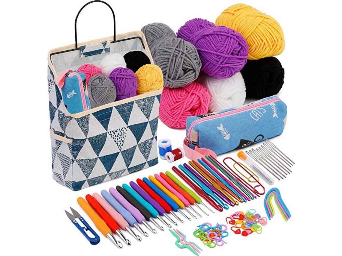 Kit de crochet de 83 piezas que incluye ovillos de lana, agujas, kit de accesorios, bolsa de lona y más, chrui