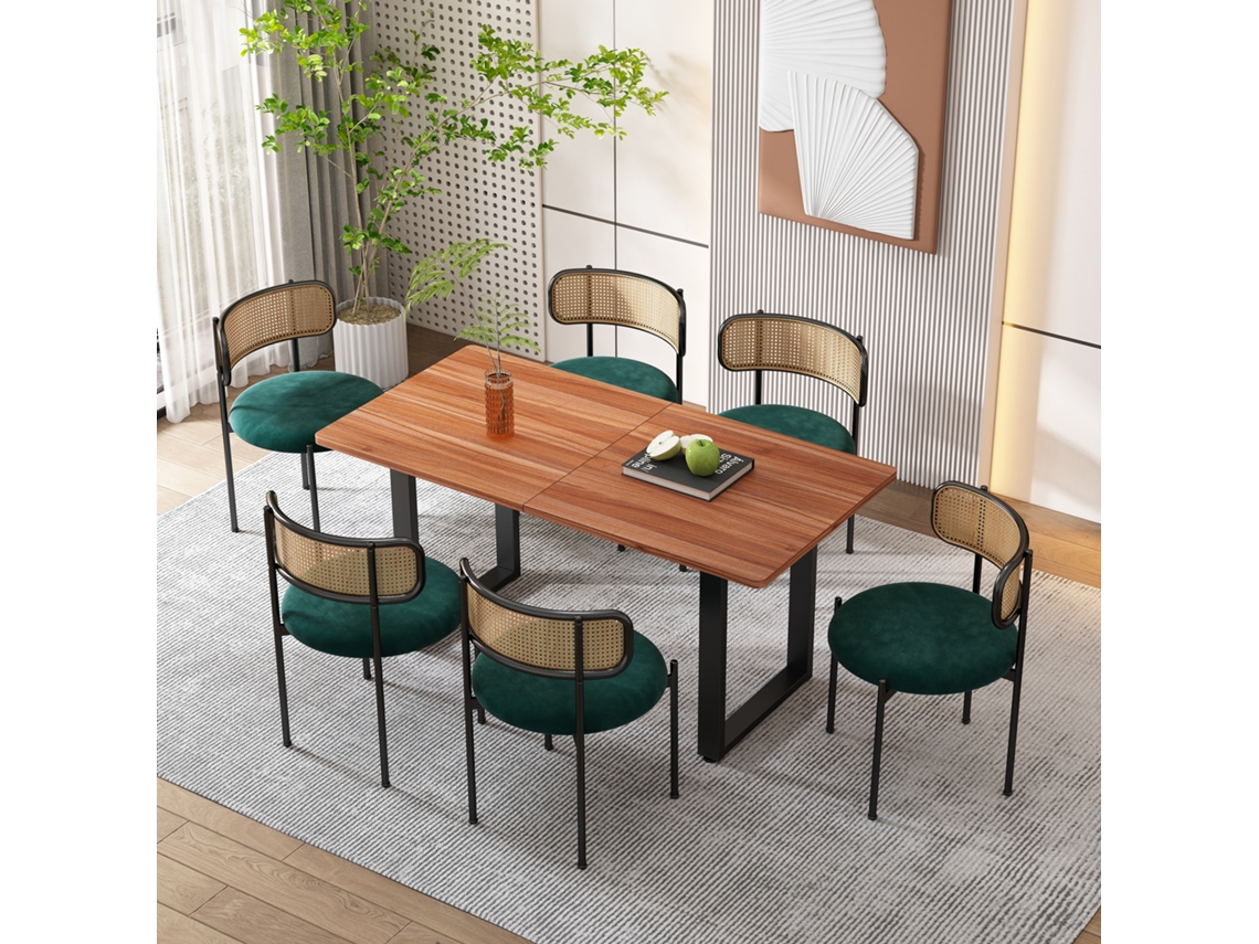 Juego de 6 sillas de comedor de terciopelo, diseño moderno y sencillo, con cuatro patas de soporte de metal y estructura de ratán.