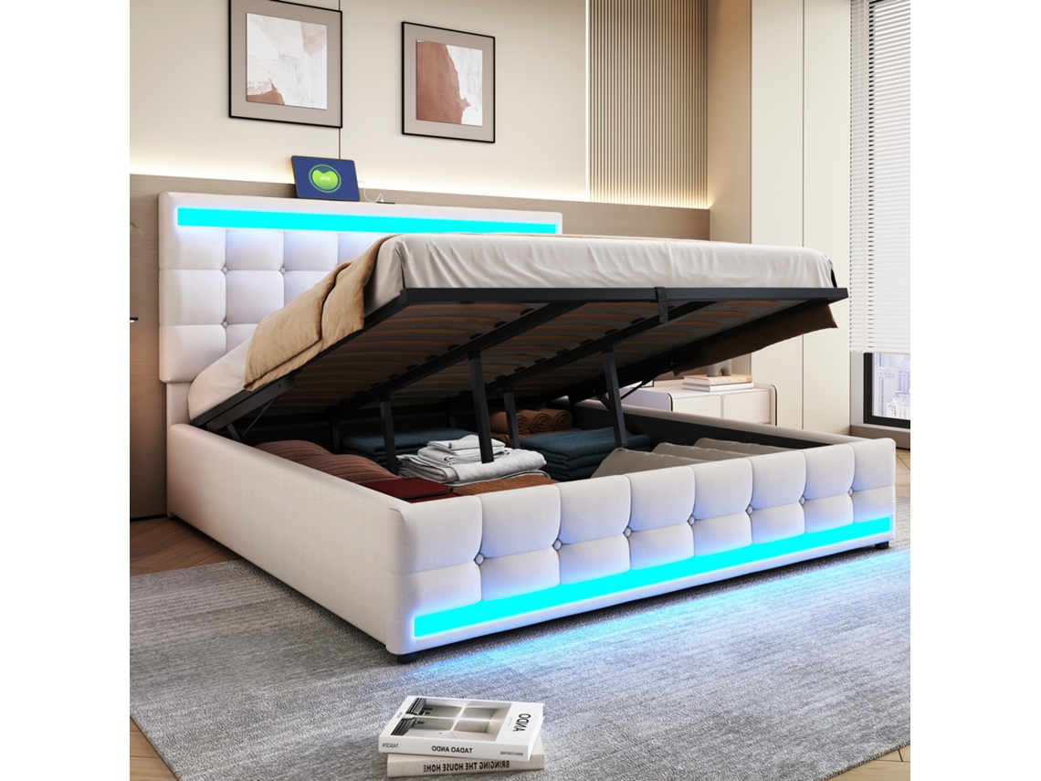 Cama Tapizada De 180x200 Cm, Color Beige, Hidráulica, Con Usb Y Led.