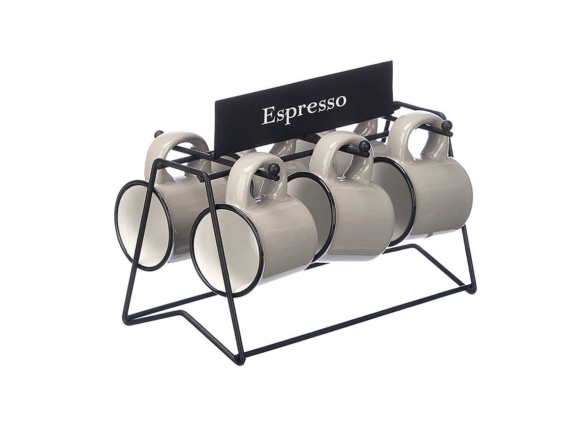 Juego de 6 tazas de café de porcelana gris con soporte metálico. Capacidad: 100 ml.