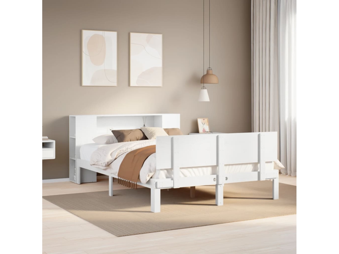 Cama Con Estantería Sin Colchón Madera Maciza Blanca 120x190 Cm