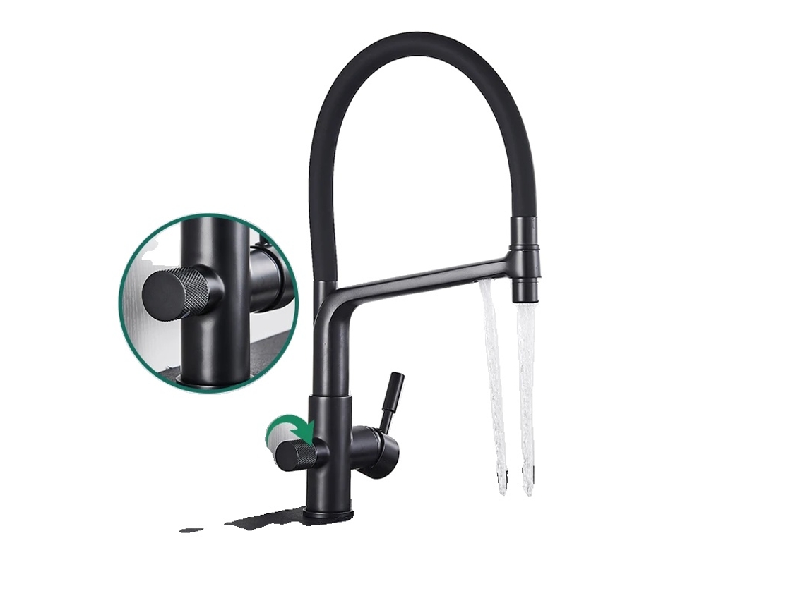 Grifo de cocina con rotación de 360°, dos manijas, rociador extraíble, negro mate B