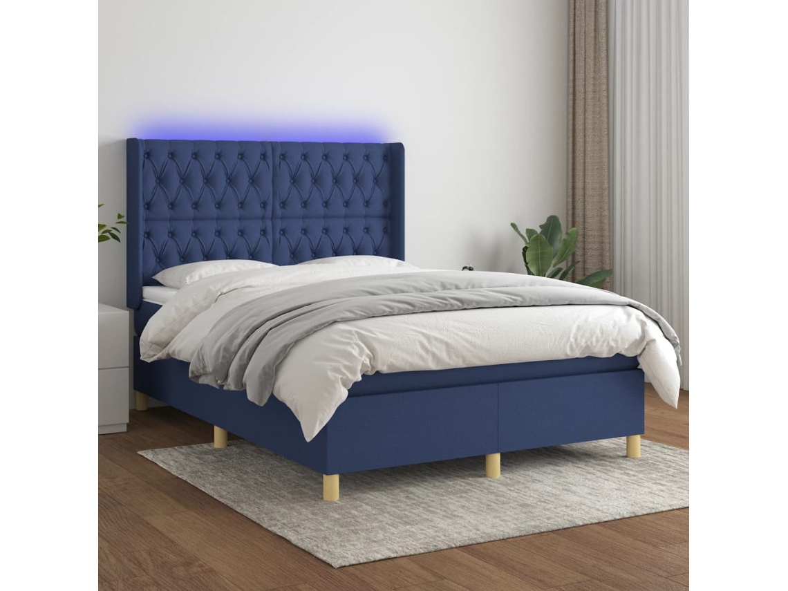 Cama Box Spring Colchón Y Luces Led Tela Azul 140x200 Cm