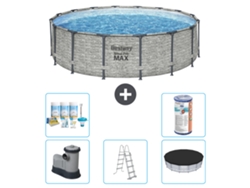 Piscina BESTWAY Round Steel Pro MAX - Estampado Piedra - 488 x 122 cm - Incluida Bomba - Escalera - Cobertor Paquete de mantenimiento - Filtrar