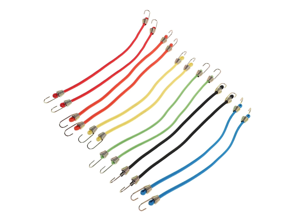 Paquete de 24 mini cordones elásticos cortos, de 25 cm de largo, con ganchos reforzados para atar.
