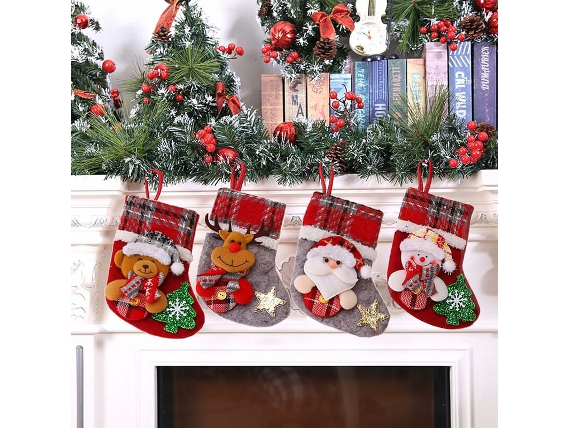 Medias Navideñas, 4 Piezas de Medias Colgantes, Medias Navideñas con Renos, Muñecos de Nieve, Regalos y Dulces RNEMITERY