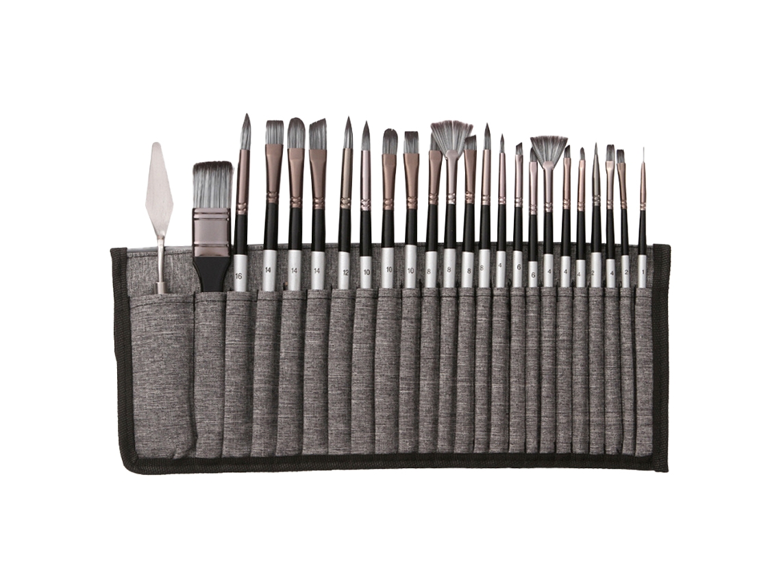 RNEMITERY Set de 24 Piezas Pinceles y Espátulas para Pintura, con Bolsa de Tela, para Acrílico, Óleo, Acuarela y Gouache, Multitamaño
