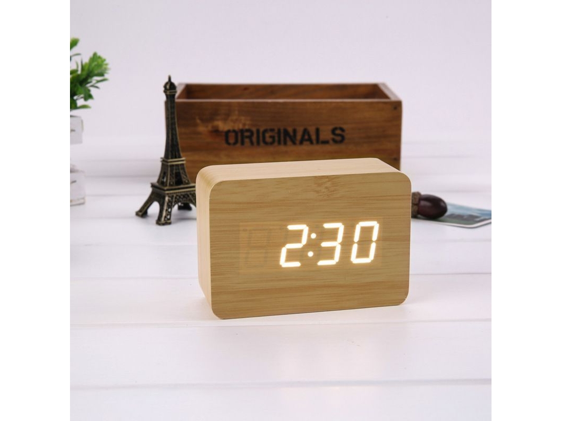 2026-despertador Digital Led Con Carga Usb/batería, Temperatura, 3 Alarmas, 2 Modos Y 3 Ajustes De Brillo (madera Bambú Luz Blanca)
