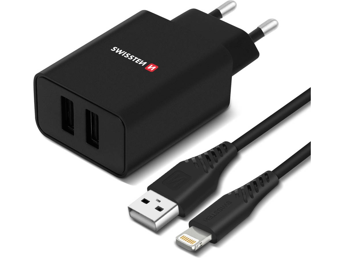 Cargador Pared SWISSTEN 22058000 (2.1A - Lightning - Negro)