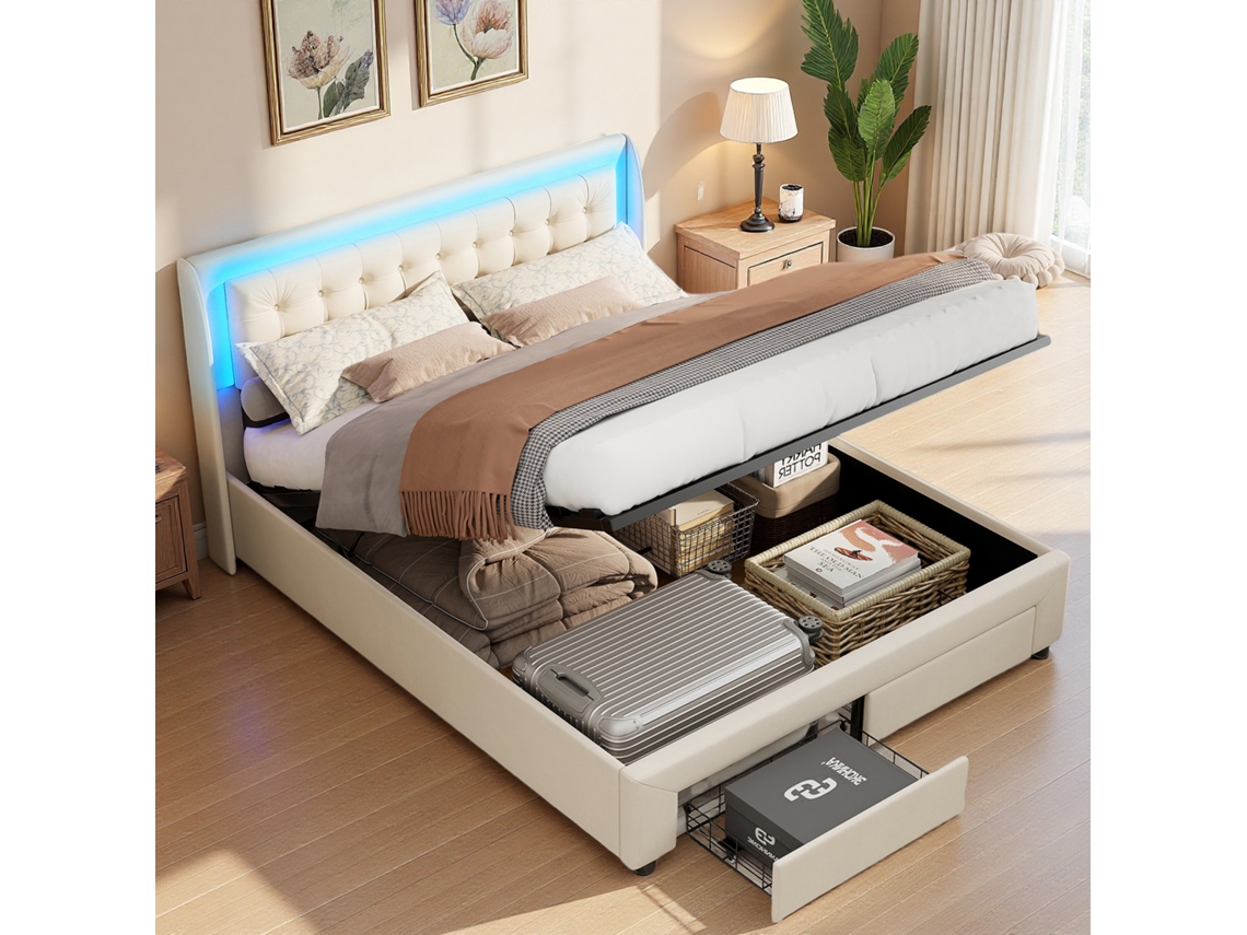 Cama De Matrimonio 140x190cm,con Cajones,cabecero Con Iluminación Led,estructura Hidráulica Con Espacio De Almacenaje,terciopelo Beige