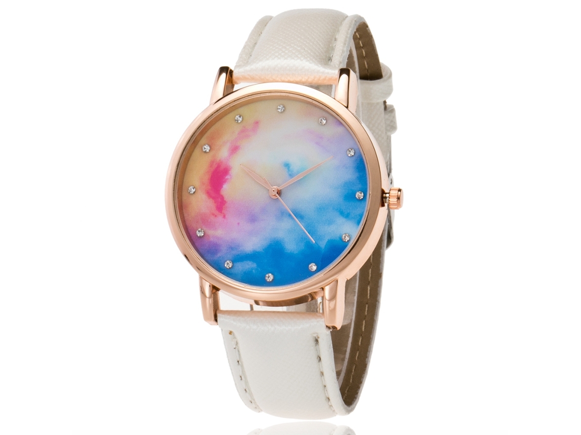 Reloj De Pulsera De Cuarzo Con Correa De Piel Sintética Y Esfera Blanca Con Diseño De Cielo Estrellado.