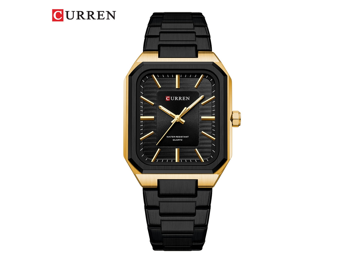 Reloj De Negocios Cuadrado Para Hombre (caja Dorada, Esfera Negra, Correa Negra), Elegante Correa De Acero.