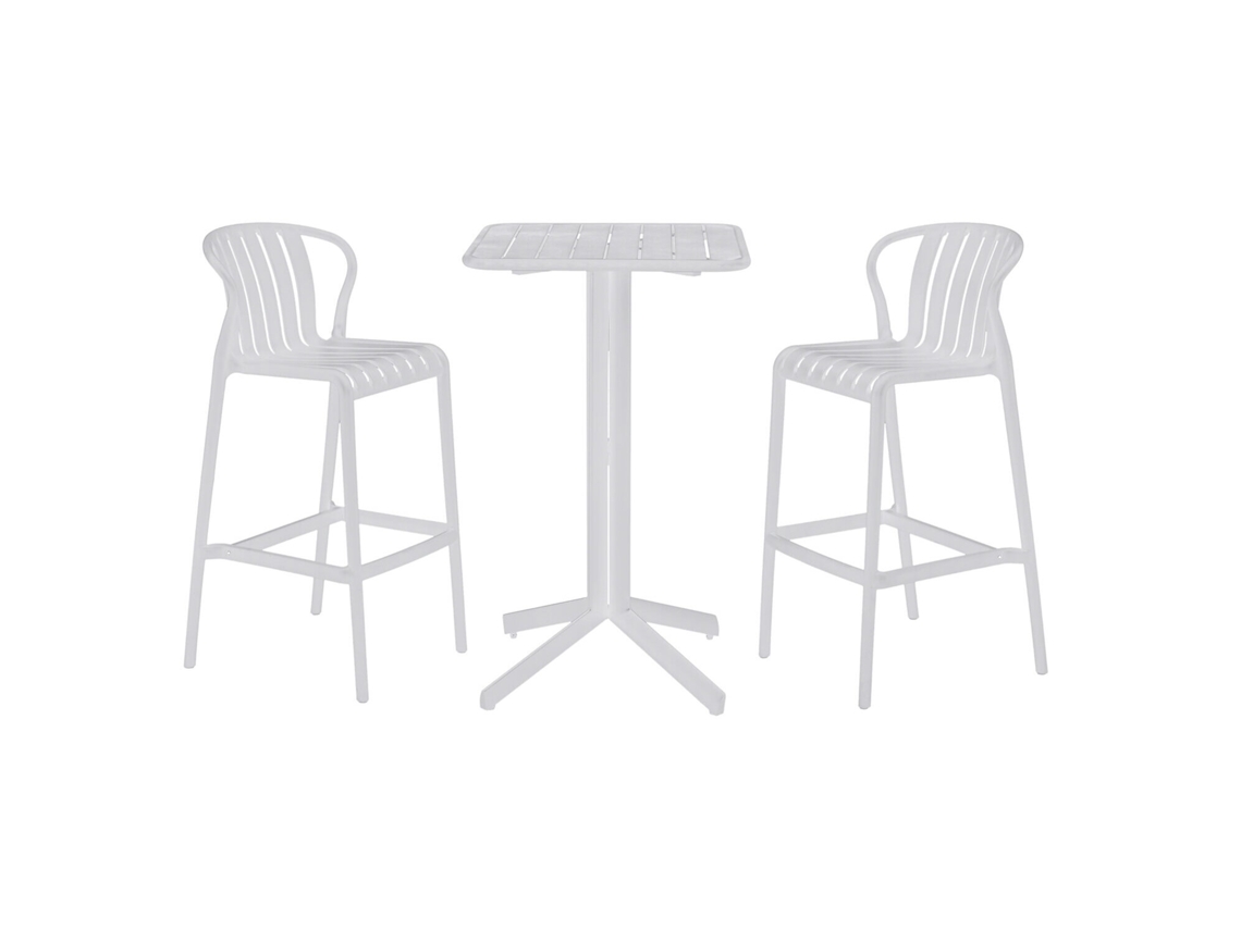 Set 3 Mesa Bar Pp Metal Taburete Blanco 60x60x102cm