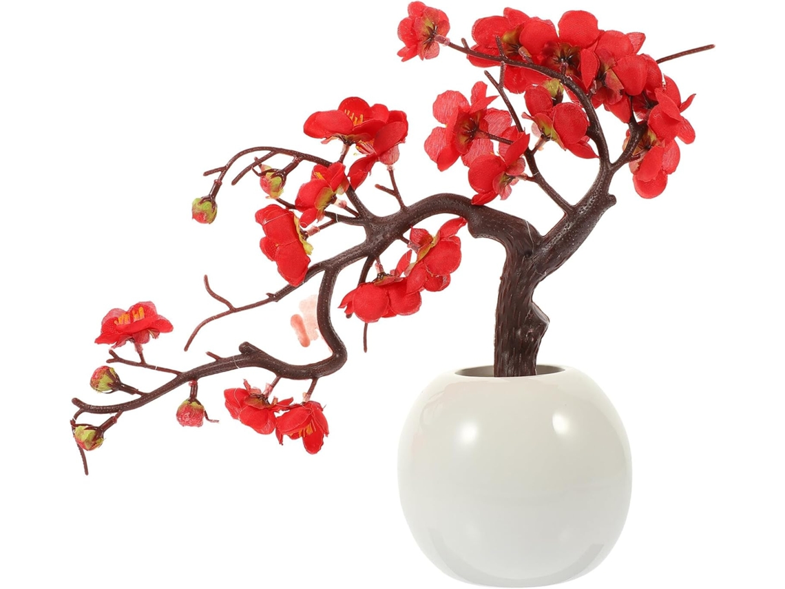 Bonsái De Crisantemo Artificial, Maceta Redonda Pequeña Decorativa De Cerámica, Flores Artificiales Rojas