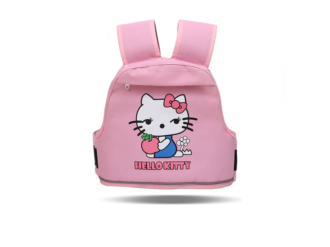 Cinto de segurança infantil para motocicleta com faixas refletoras e bolsas rosa da Hello Kitty.
