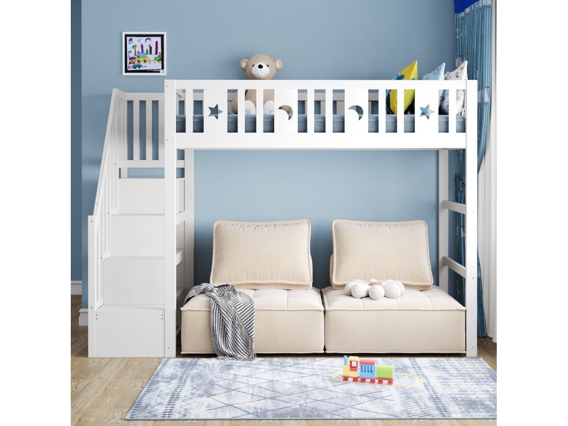 Cama Alta Infantil 90x200 - Con Escalera, Estructura De Madera Maciza, Con Barandilla De Seguridad, Decoración De Estrellas Y Luna - Blanco