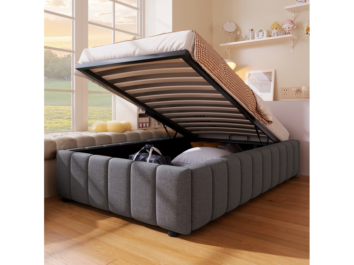 Cama tapizada de 90 x 200 cm con canapé hidráulico, sin cabecero, sin colchón, color gris