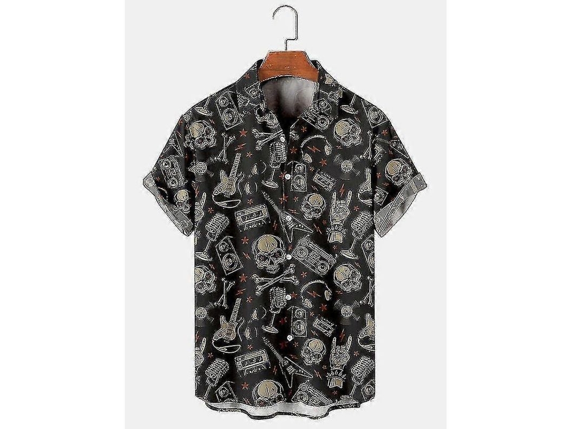 2026-camisa Hawaiana Estilo Casual Vintage Para Hombre Con Patrón De Calavera Y Guitarra Ideal Para Vacaciones Y Ocio