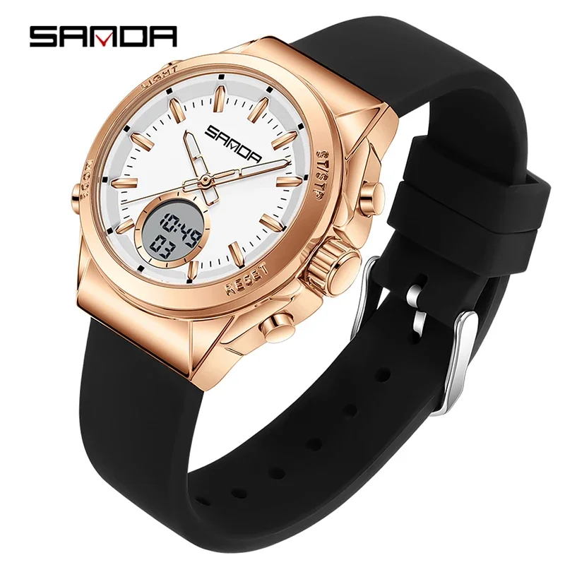 Elegante Y Casual Reloj Electrónico Para Mujer Con Alarma, Luminoso, Resistente Al Agua, Doble Pantalla Y Funciones Multifuncionales.