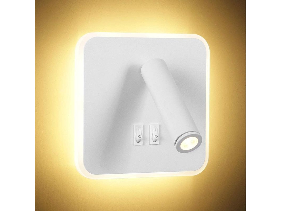 Lámpara de pared LED moderna de 8 W con luz de lectura de 3 W, rotación de 350°, interruptores independientes, luz blanca de 3000 K, para uso en interiores.