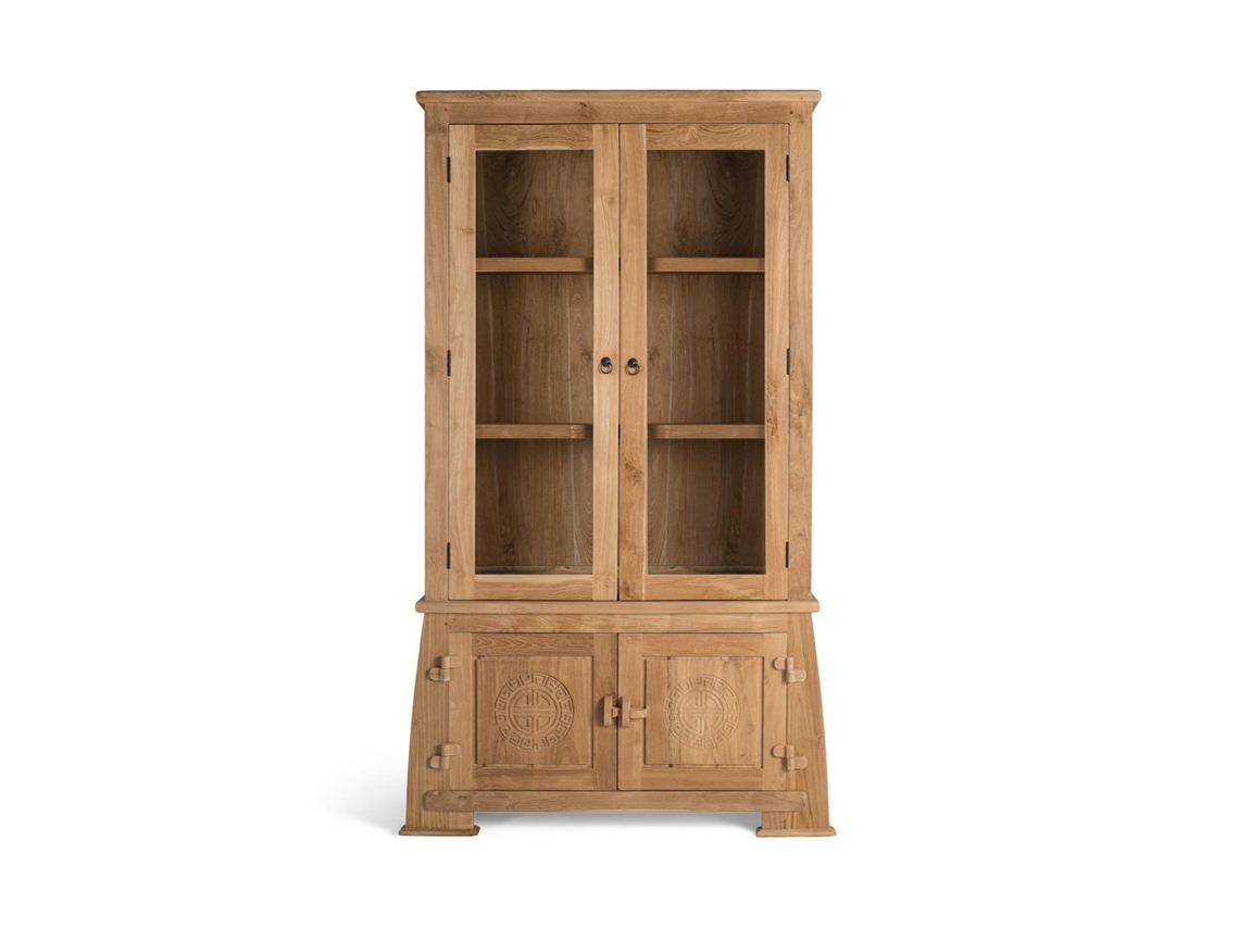 Vitrina de madera de teca de GINER Y COLOMER con puertas de cristal y tallas artesanales.