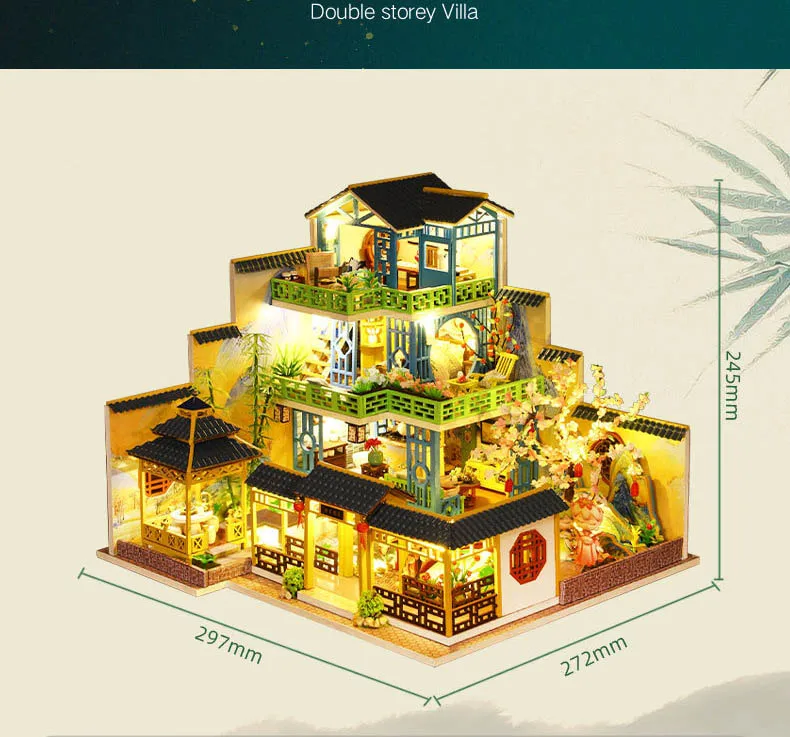 (p013a) Gran Casa De Muñecas De Madera Diy, Con Muebles E Iluminación, Modelo De Villa China